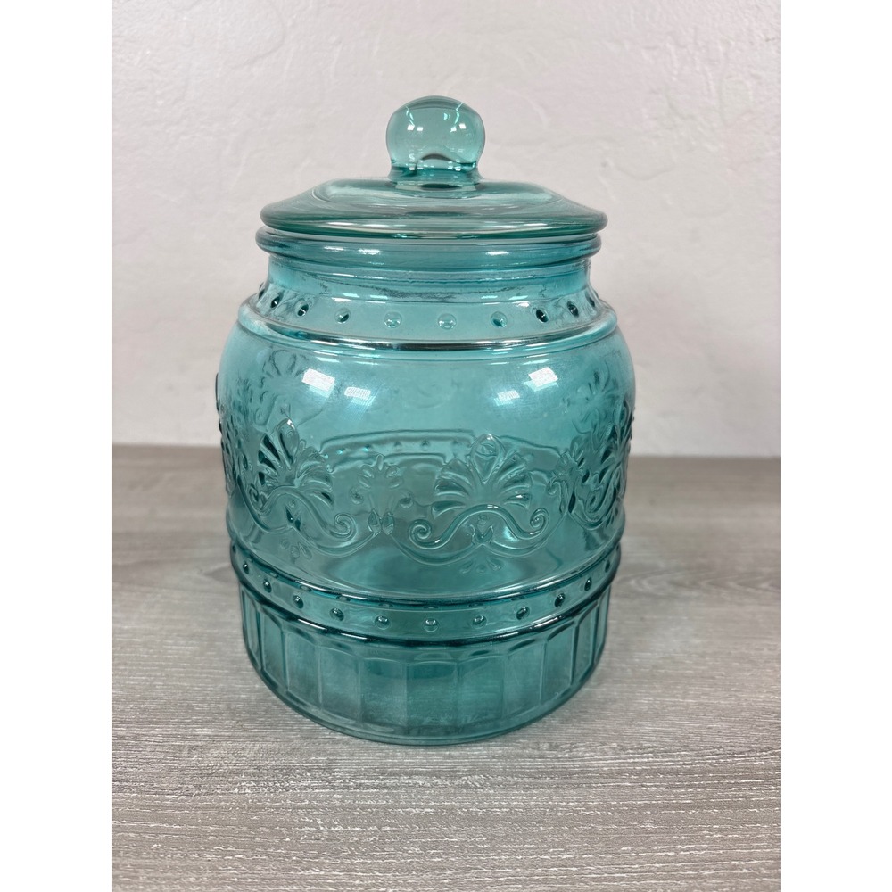 The Pioneer Woman Cassie Teal Embossed Glass Canister Jar w/ Lid 8.5" Kitchen